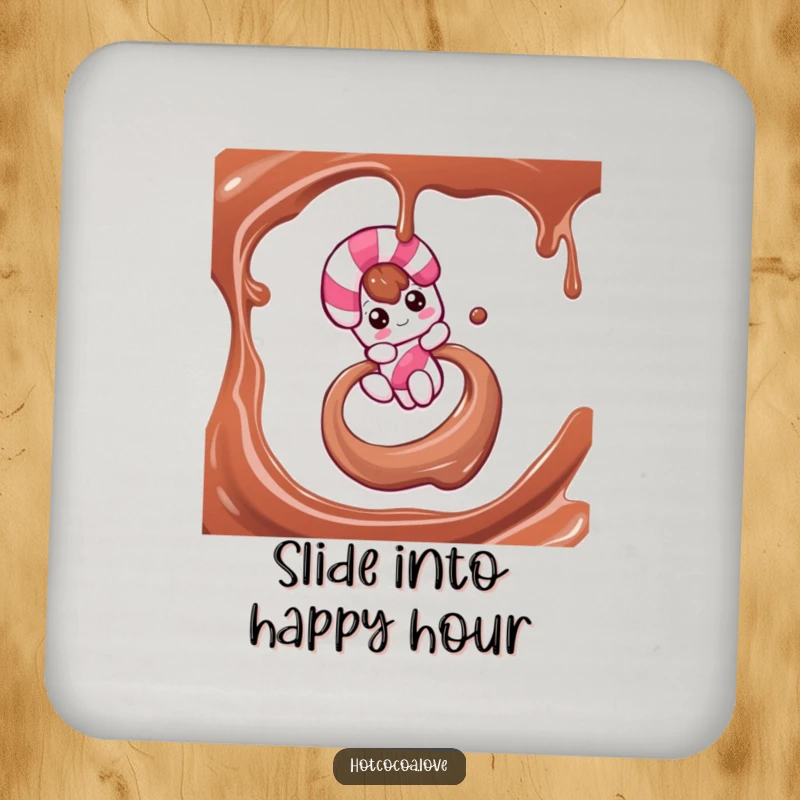 Funny drink coaster depicting a candy cane character sliding down a chocolate syrup swirl, protecting surfaces with holiday cheer.