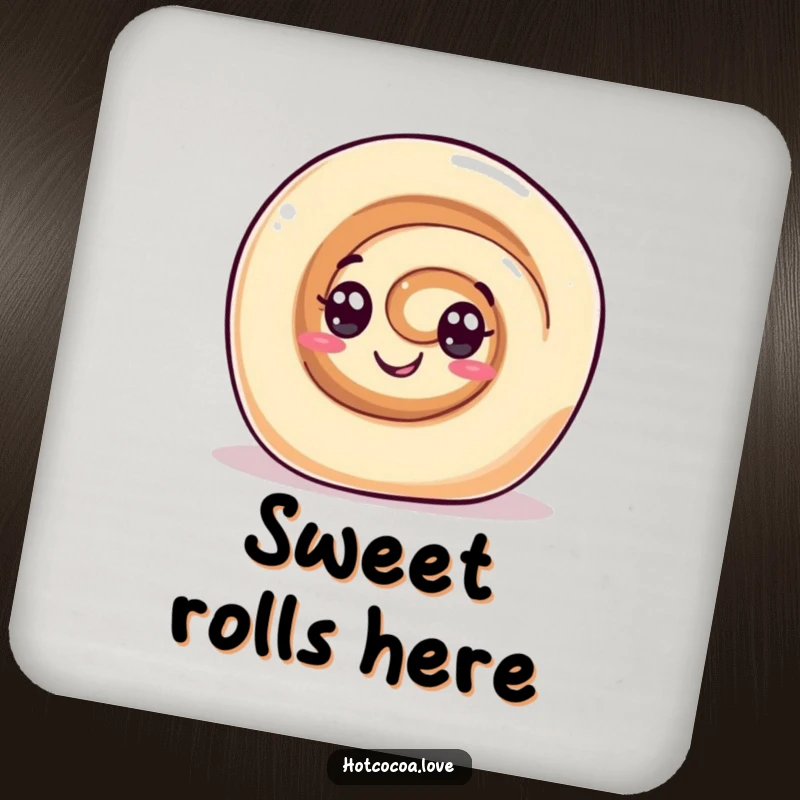 Funny drink coaster featuring a gleeful cinnamon roll character with swirl eyes rolling happily. Sweet table protection.