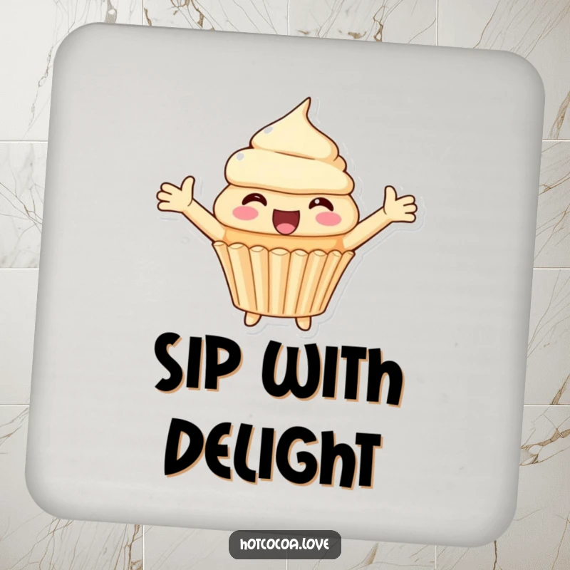 Funny drink coaster featuring a delighted cupcake character with arms spread wide, adding sweet protection and cheer to tabletops.