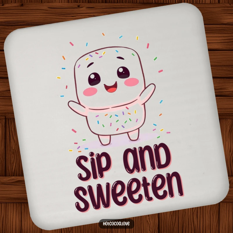 Funny marshmallow juggling drink coasters showcasing a smiling marshmallow character playfully tossing colorful sprinkles, perfect for adding sweet humor.