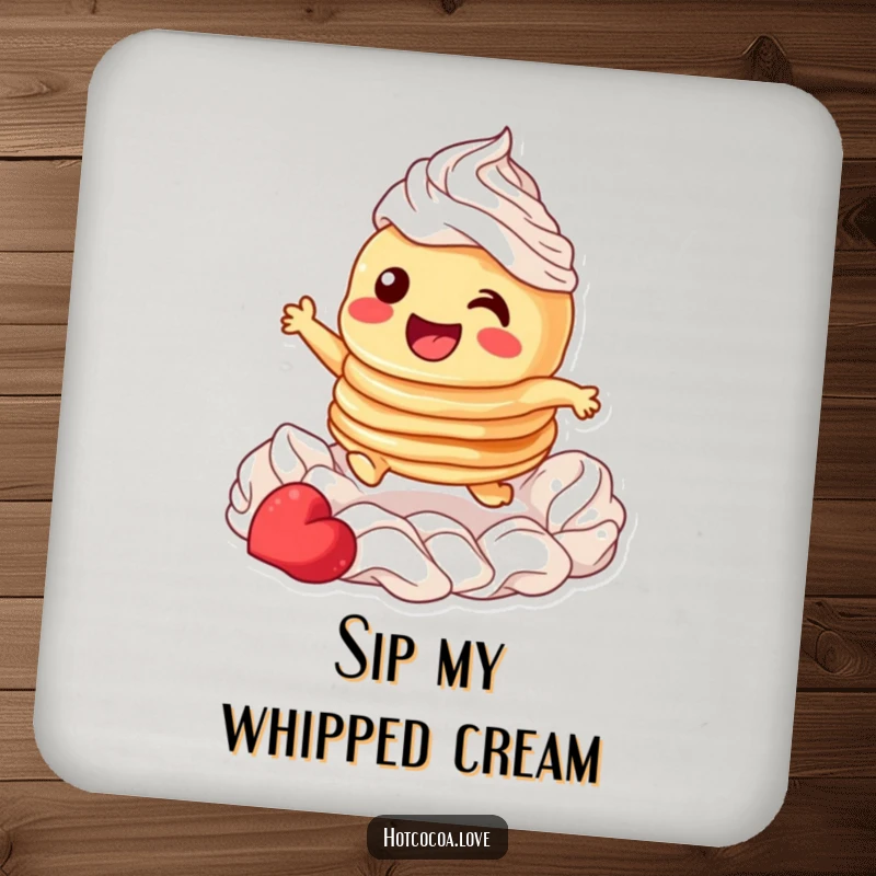 Funny drink coaster showing a giggling stack of pancakes character joyfully leaping through whipped cream, protecting surfaces with humor.