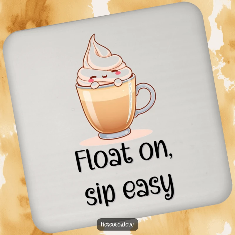 Funny drink coaster depicting a happy whipped cream character floating on a hot beverage, protecting surfaces with cozy charm.