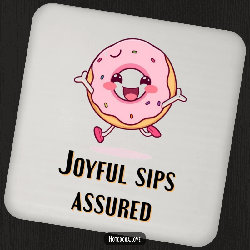 Funny smiling doughnut character jumping with joy, humorous and protective drink coaster with a sweet design.