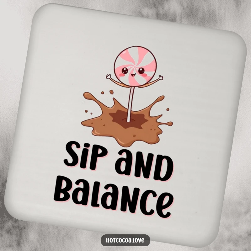 Funny Peppermint Stick character balancing on a cocoa splash, humorous and protective drink coaster.