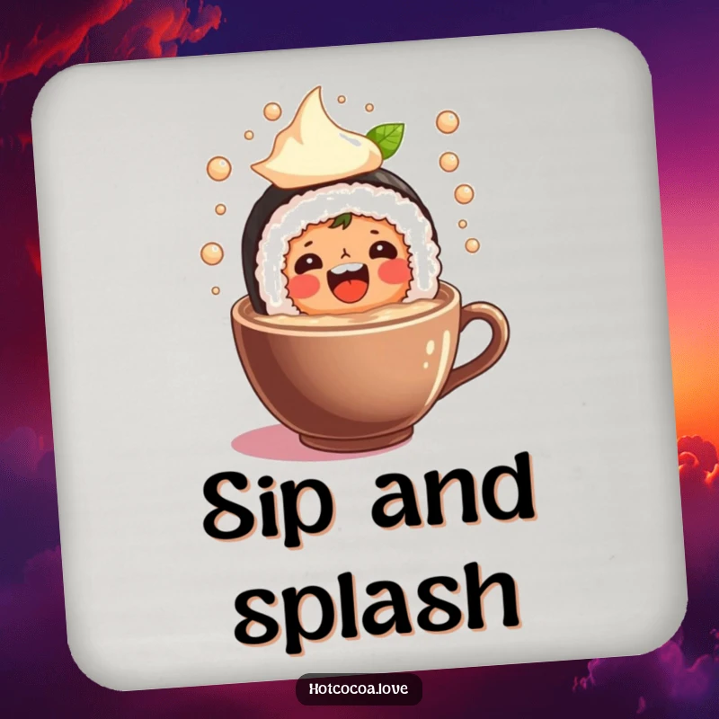 Funny drink coaster showing a beaming sushi roll character joyfully splashing in a cup of hot cocoa, protecting surfaces with humor.
