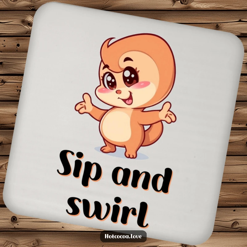 Funny anthropomorphic cinnamon swirl character in a silly goofy pose, humorous and protective drink coaster.