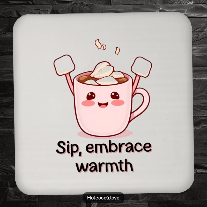 Funny drink coaster with a hot cocoa mug character, marshmallow arms raised, adding a touch of playful protection to any surface.