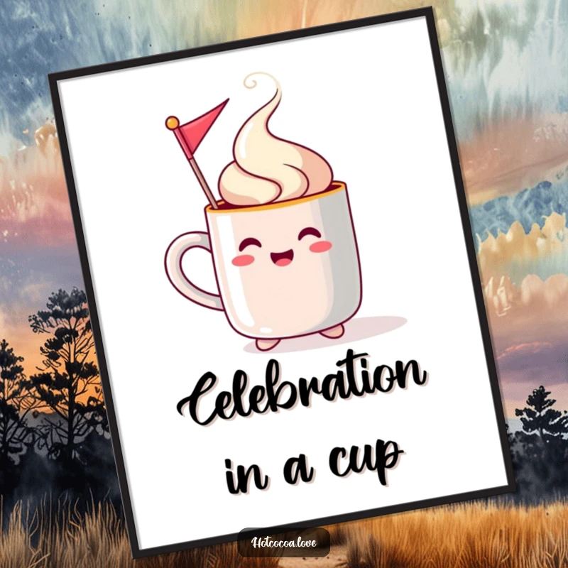 Funny steaming mug character waving a festive flag, a cheerful holiday poster adding seasonal humor to any room.