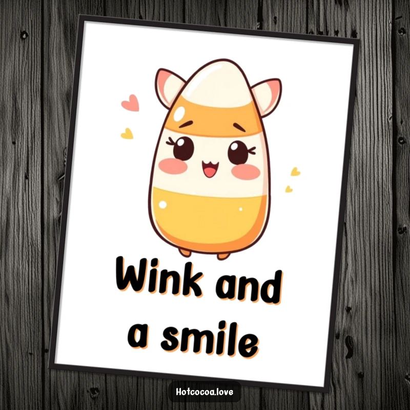 Funny blushing candy corn winking, depicted in a humorous poster for playful Halloween wall art.