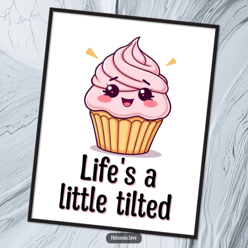 Funny bewildered cupcake with askew frosting, depicted in a humorous poster for playful dessert wall art.
