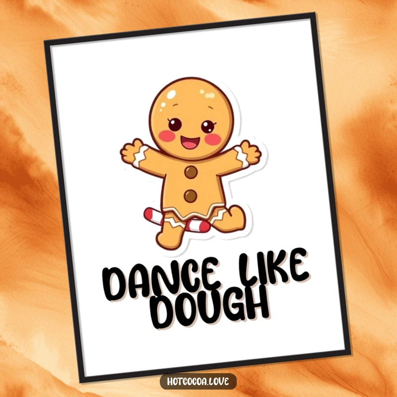 Funny poster of a delighted gingerbread cookie character joyfully dancing upon a vibrant candy cane, perfect for festive wall art.