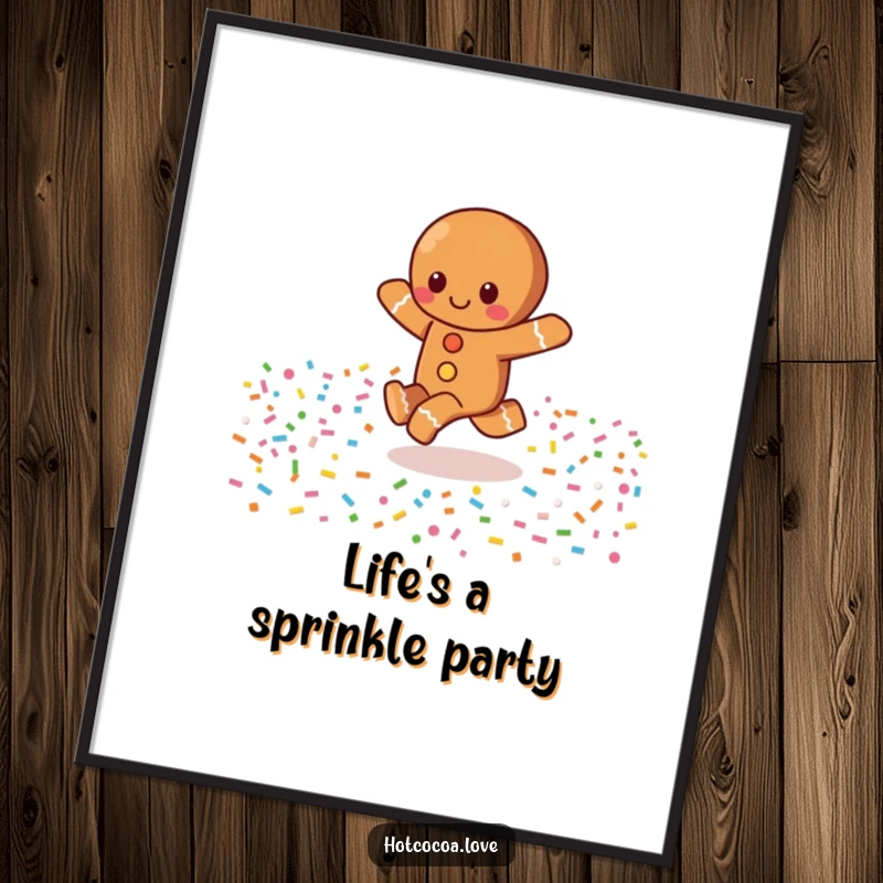 Funny poster capturing a joyful gingerbread character skipping through a colorful and abundant field of sprinkles, embodying sweet celebration.