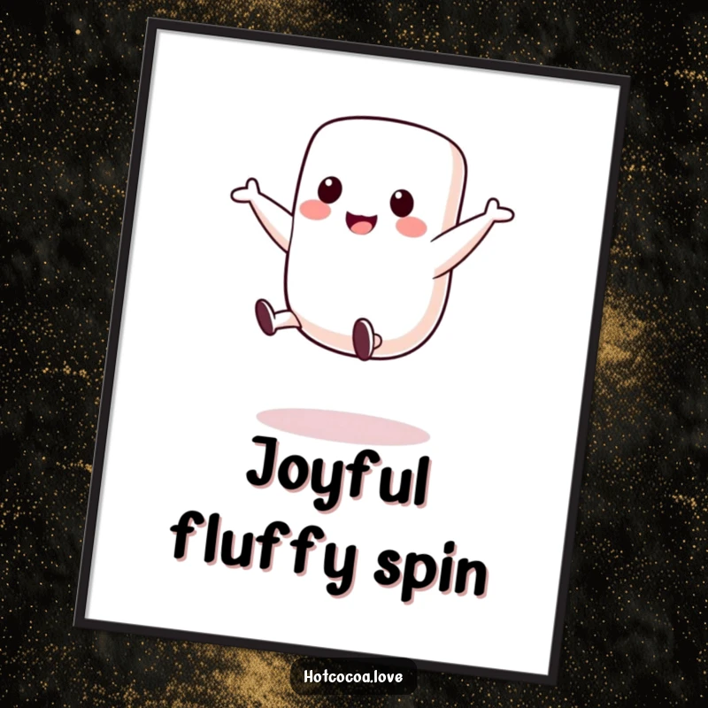 Funny poster of a cute marshmallow character doing a dynamic and joyful cartwheel, radiating playful energy and happiness.