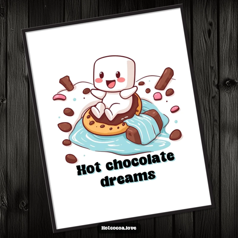 Funny poster showing a happy marshmallow character sliding down a hot chocolate river on a cookie, perfect for cozy decor.