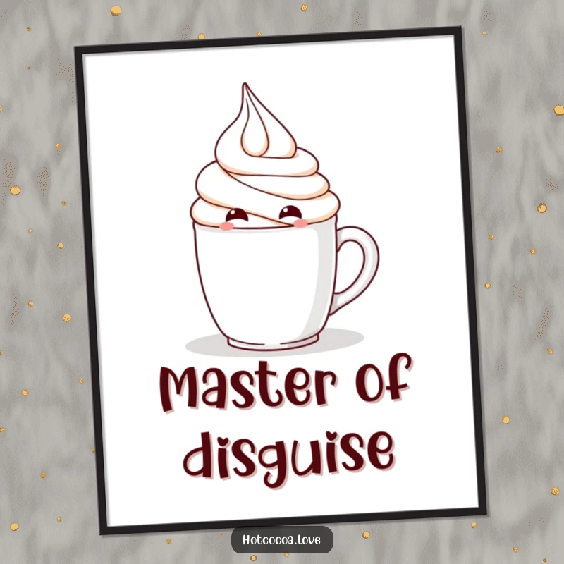 Funny poster of a mischievous whipped cream character hiding, playful wall art, perfect funny gift.