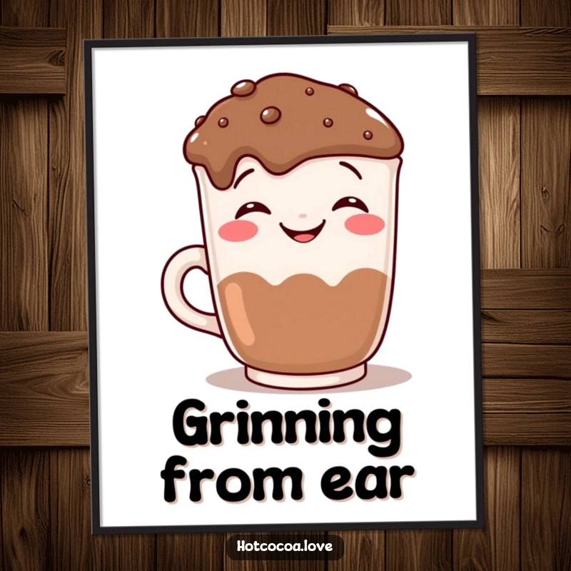 Funny grinning hot chocolate mug posing for the camera, depicted in a humorous poster for cozy wall art.