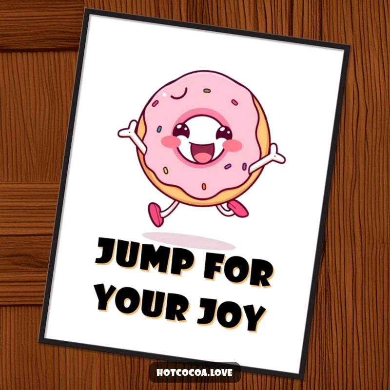 Funny smiling doughnut character captured mid-jump with sheer happiness, vibrant and joyful food art print.