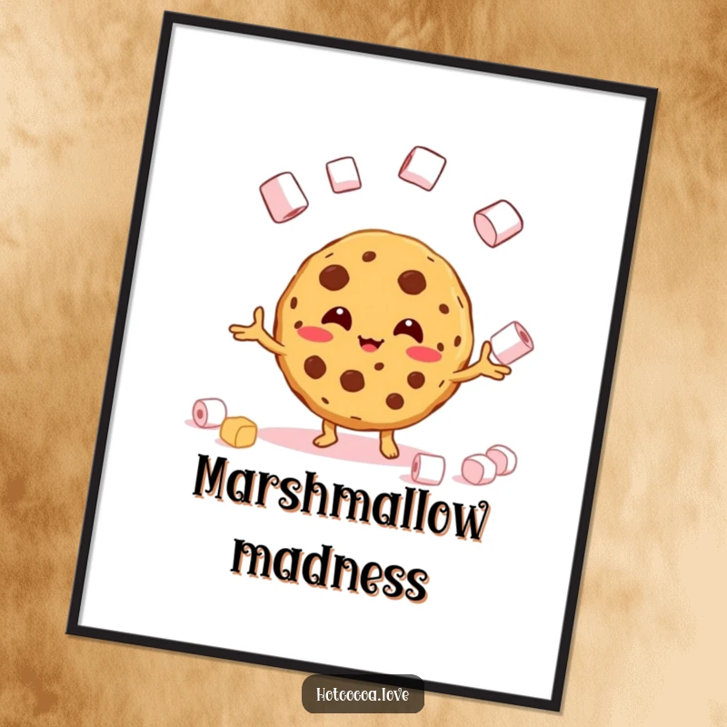 Funny poster art of a beaming cookie character attempting to juggle miniature marshmallows, charmingly clumsy.