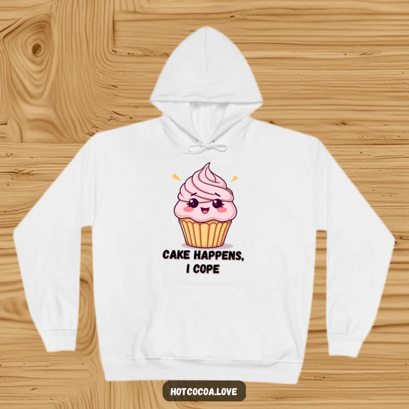 Funny bewildered cupcake with messy frosting graphics on a cozy hoodie, a humorous and warm gift for dessert lovers.