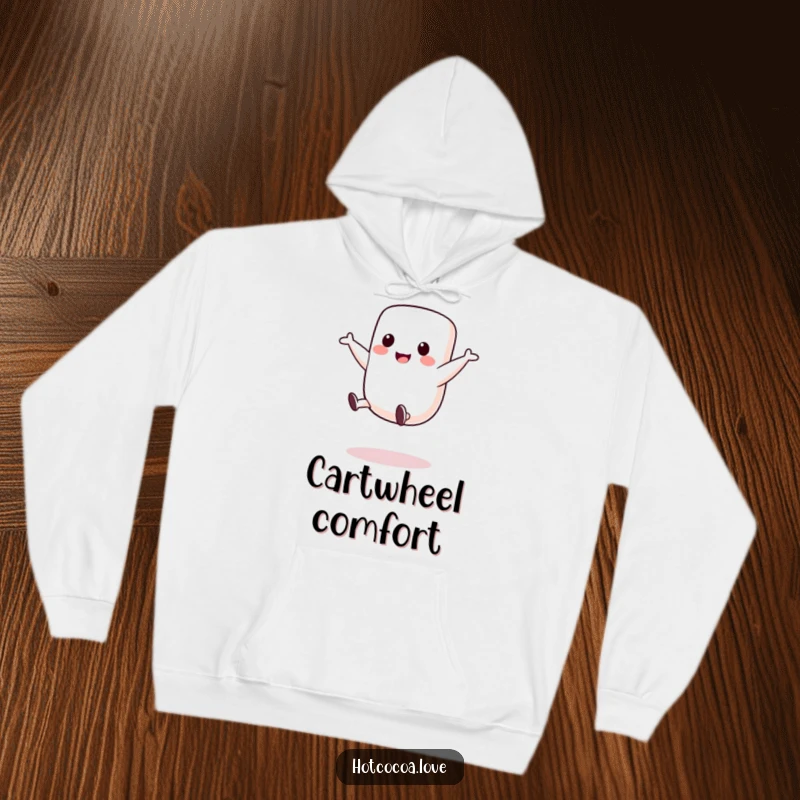 Funny hoodie featuring a cute marshmallow character doing a joyful cartwheel, designed for ultimate comfort and playful vibes.