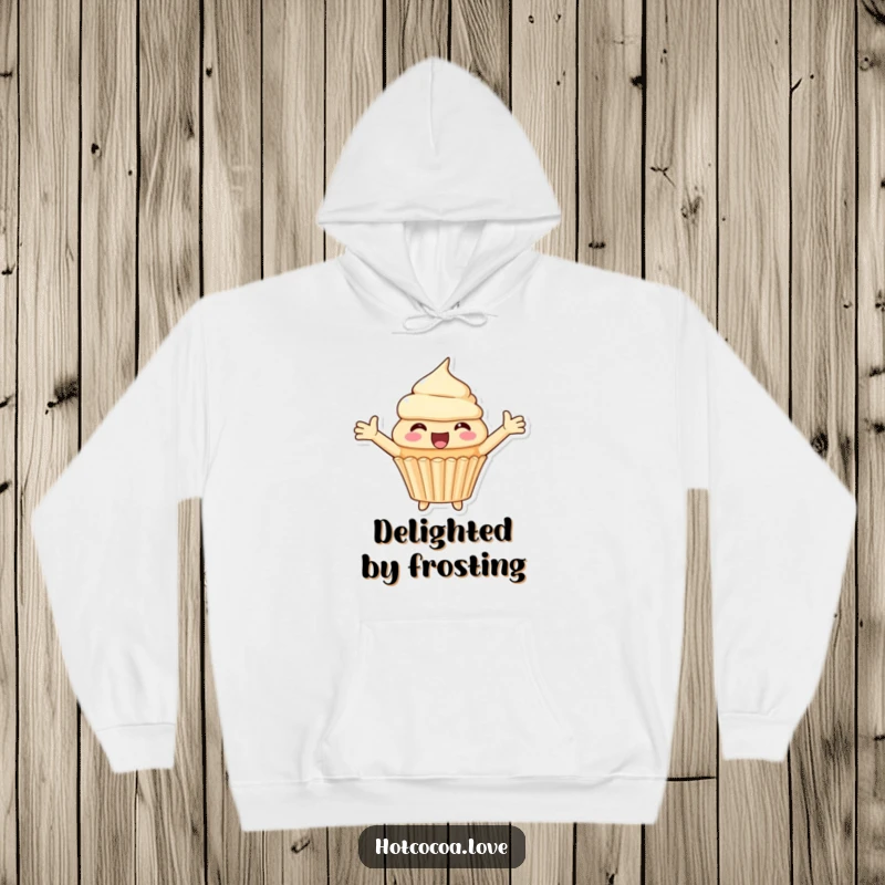 Funny hoodie featuring a delighted cupcake character with arms spread wide, designed for ultimate comfort and a joyful embrace.