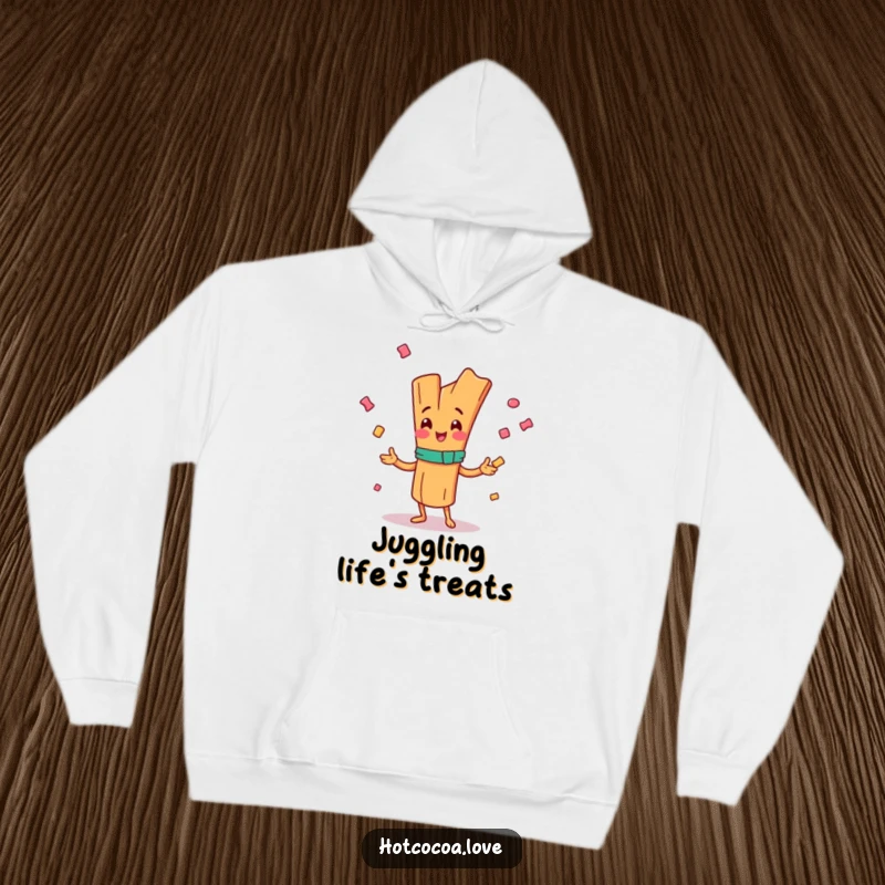 Funny hoodie featuring a happy cinnamon stick character juggling candy, warm and humorous, perfect funny gift.