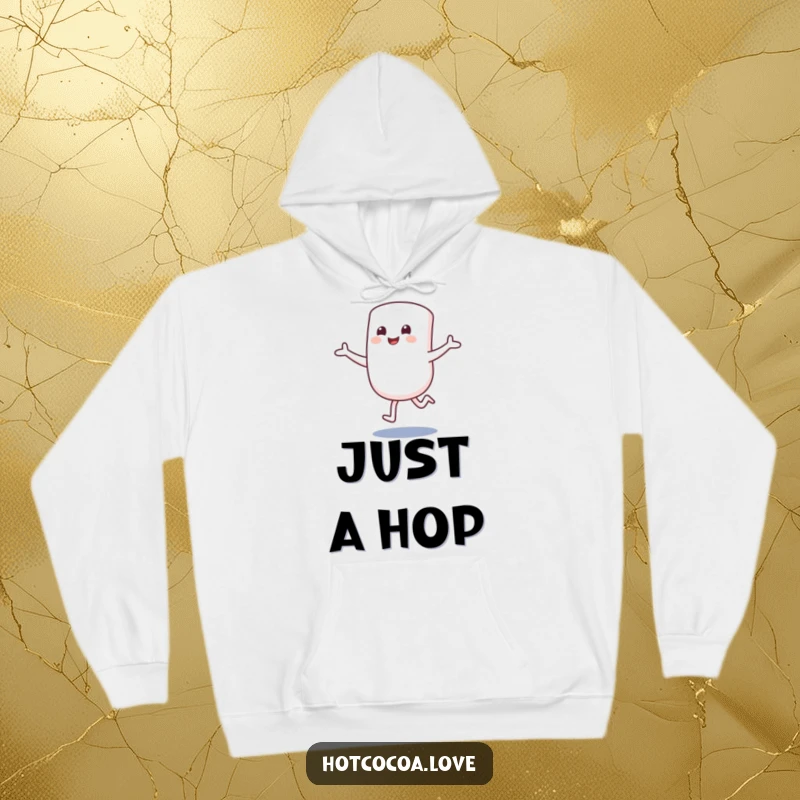 Funny hoodie depicting a smiling marshmallow character hopping excitedly with arms outstretched. Cozy and sweet themed wear.