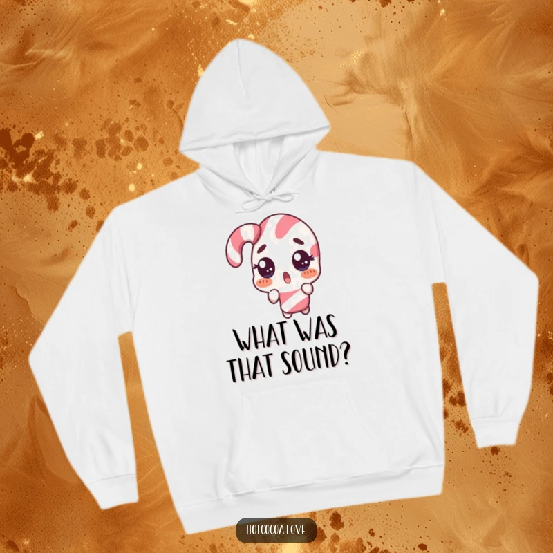 Funny hoodie with a surprised candy cane character in a comical double take, offering warmth and humor, ideal funny gift.