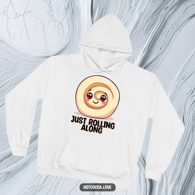 Funny hoodie depicting a gleeful cinnamon roll character with swirl eyes rolling happily. Cozy and sweet themed wear.