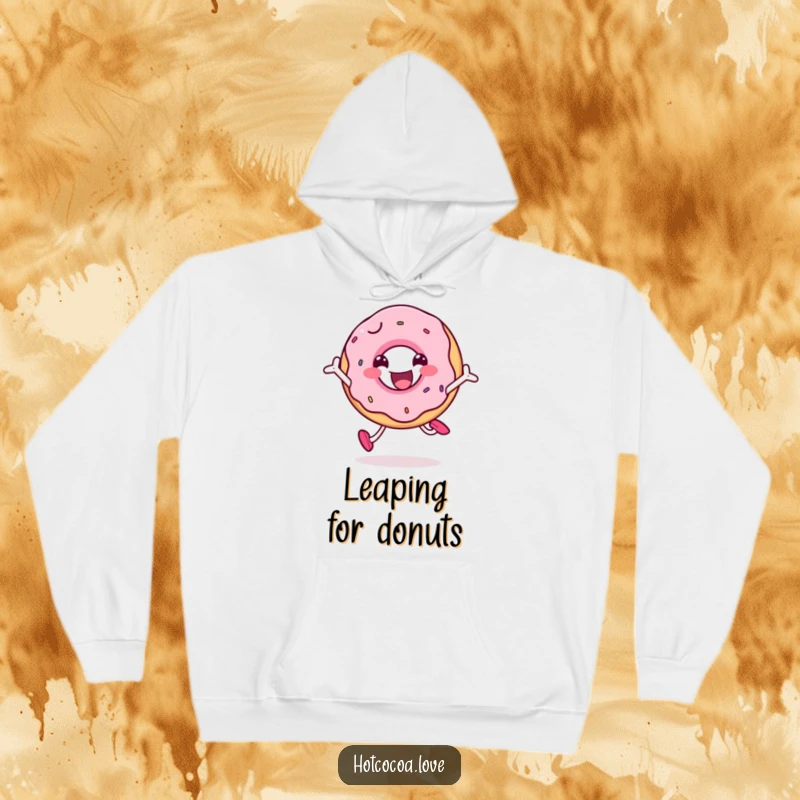 Funny smiling doughnut character jumping with pure delight, soft and cozy hoodie with a happy food theme.