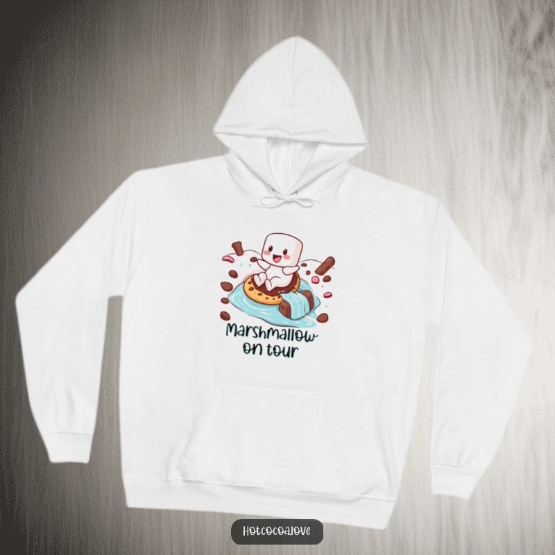 Funny hoodie featuring a happy marshmallow character sliding down a hot chocolate river on a cookie, offering cozy vibes.