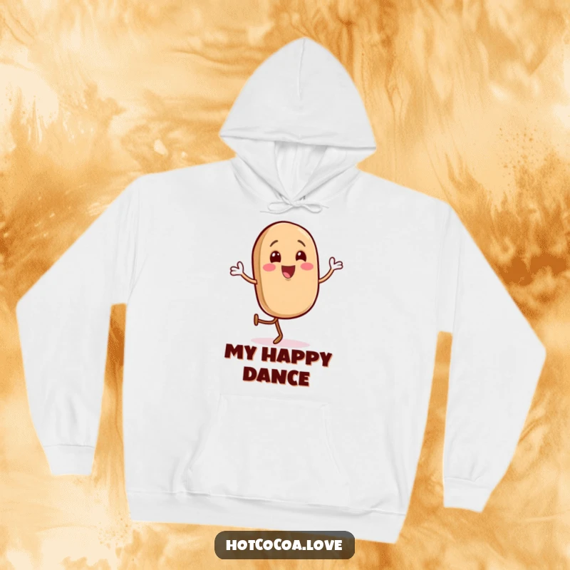 Funny hoodie with a gleeful coffee bean character doing a happy jig, warm and cheerful, perfect funny gift.