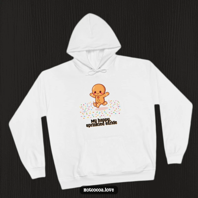 Funny hoodie showing a happy gingerbread character skipping through a field of sprinkles, offering warmth and festive cheer.