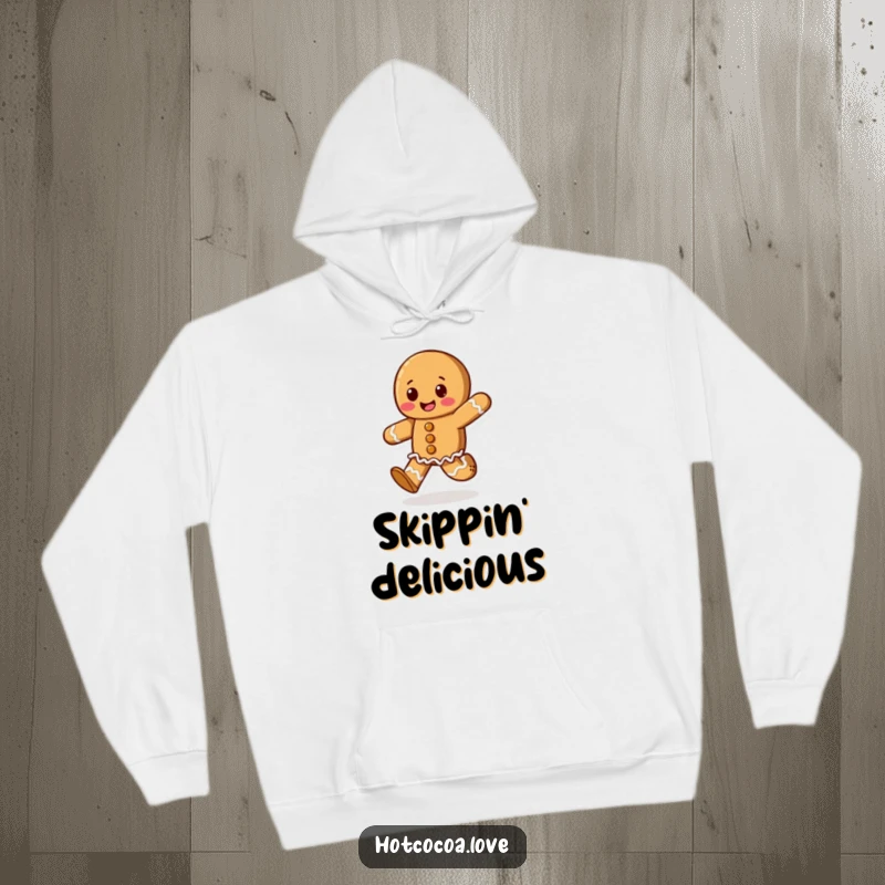 Funny hoodie featuring a happy gingerbread cookie character skipping joyfully, designed for warmth and festive holiday cheer.