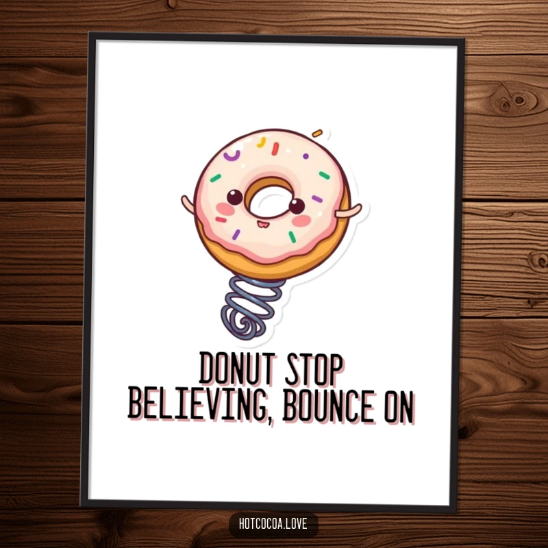 Funny Free Printable Donut Wall Art: A joyful donut with sprinkles bounces on a spring, bringing playful energy to any room.