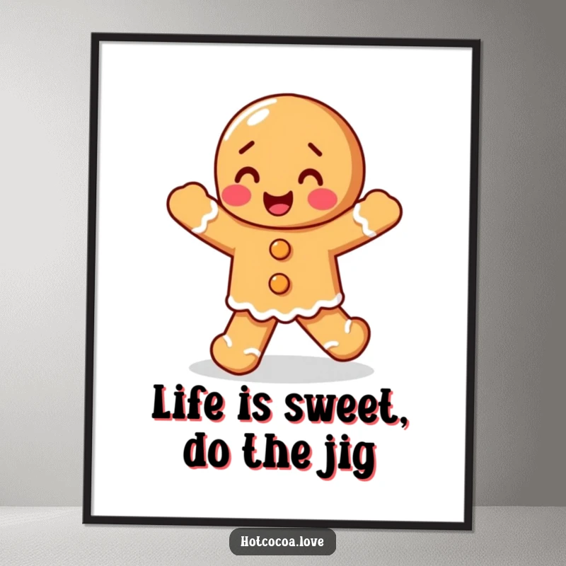 Funny Free Printable Gingerbread Wall Art: A delighted gingerbread person does a happy jig, bringing playful energy and cuteness to any room.