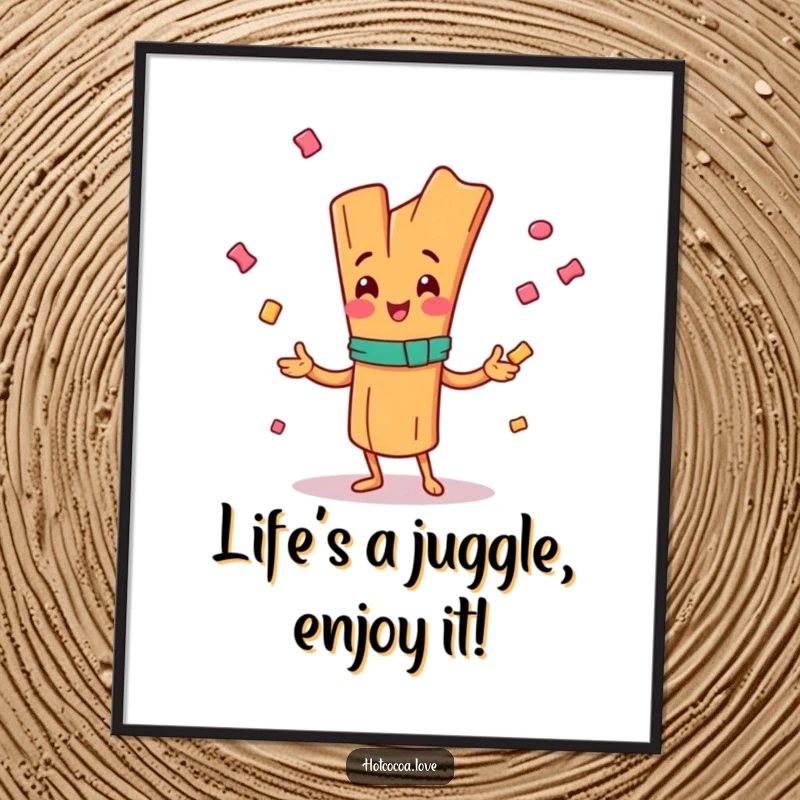 Funny Free Printable Wall Art: A happy cinnamon stick character actively juggles small candy pieces, creating a scene of playful energy.