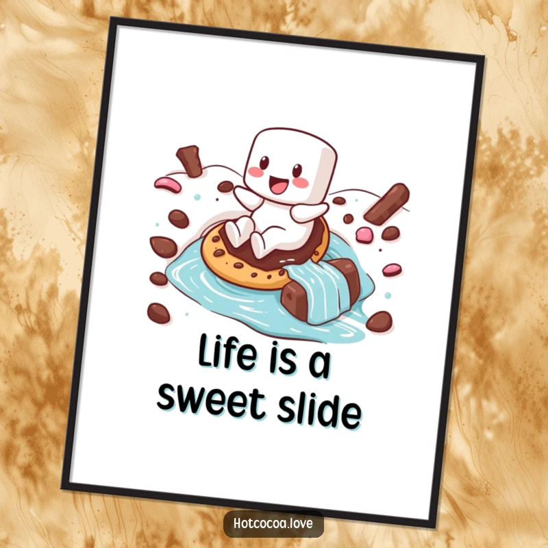 Funny Free Printable Wall Art: Happy marshmallow sliding on a cookie down a hot chocolate river, sweet art.