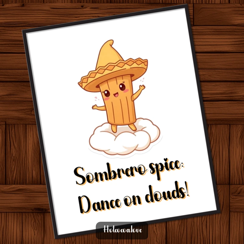 Funny Free Printable Wall Art of a cinnamon stick character in a sombrero dancing energetically on a whipped cream cloud, a playful piece.
