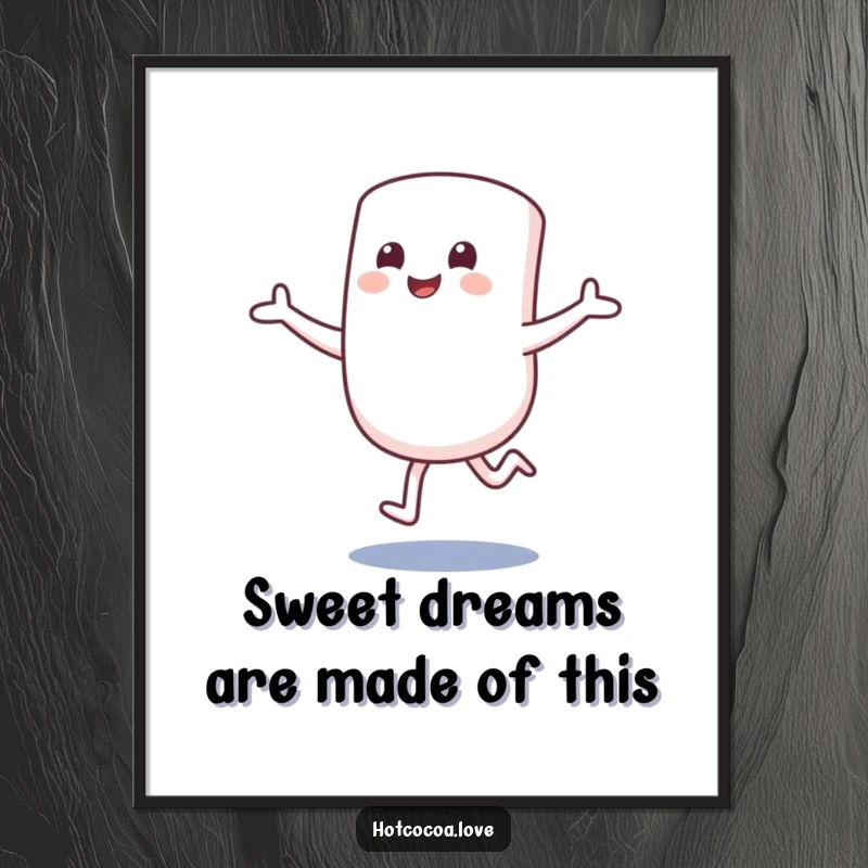 Funny Free Printable Wall Art: Smiling marshmallow character hopping with arms outstretched, bringing joy to any room.