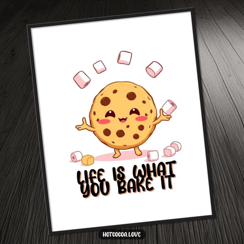 Funny Free Printable Wall Art: A beaming cookie character expertly juggles marshmallows, creating a whimsical and fun art piece.