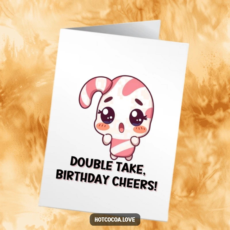 Funny Free Printable Birthday Card: A surprised candy cane character does a comical double take, eyes wide with shock and amusement.