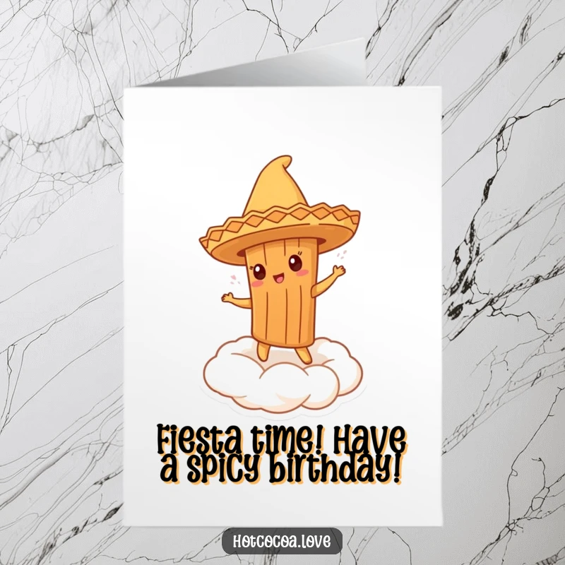Funny Free Printable Birthday Card featuring a cinnamon stick character in a sombrero dancing on a whipped cream cloud, ready to party.