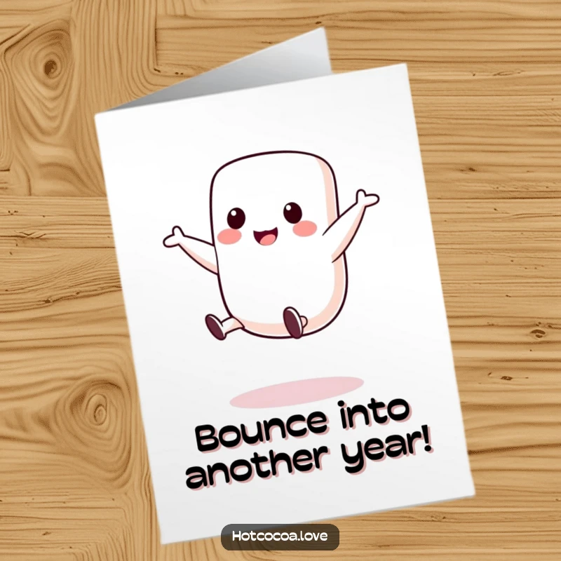 Funny Free Printable Birthday Card: A cute marshmallow character performing a joyful cartwheel, full of energy and birthday excitement, a downloadable greeting.