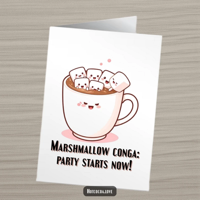 Funny Free Printable Birthday Card featuring a conga line of happy marshmallows in a hot chocolate mug, perfect for cheerful celebrations.