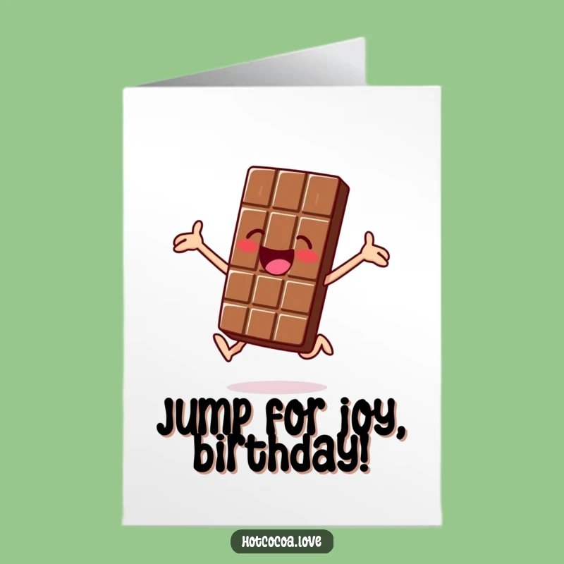 Free Printable Birthday Card: Jolly Chocolate Bar Jumping Funny Downloadable Gift