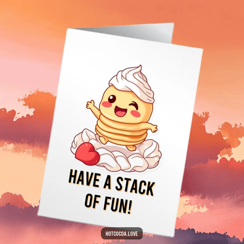 Funny free printable birthday card with a giggling stack of pancakes joyfully leaping through a cloud of whipped cream.