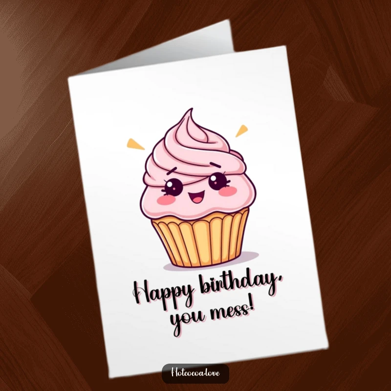Funny Free Printable Birthday Card: A bewildered cupcake with frosting askew, adding a touch of humorous disarray to birthday greetings.