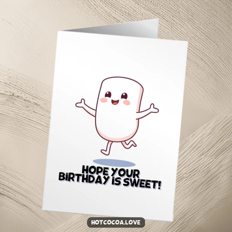 Funny Free Printable Birthday Card: Smiling marshmallow character excitedly hopping with arms outstretched in celebration.