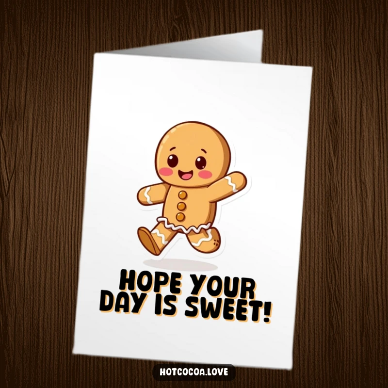 Funny Free Printable Birthday Card: An anthropomorphic gingerbread cookie character skipping with pure delight, perfect for a festive, downloadable birthday message.